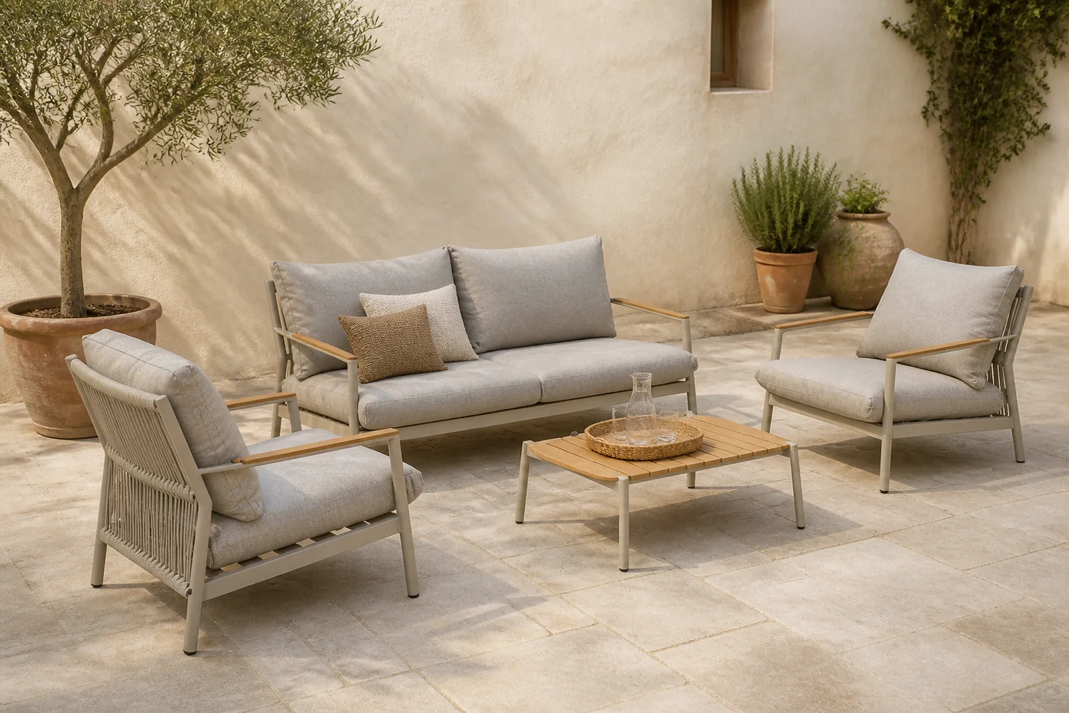 Sfeerfoto van Coco Sevilla stoel-bank loungeset 4-delig – Taupe-naturel-bruin