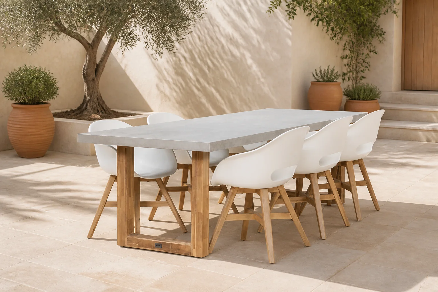 Sfeerfoto van BUITEN living Lausanne/Karlstad wit dining tuinset | 6 personen | betonlook + kunststof | 250cm – Light Teak, Betonlook, Wit