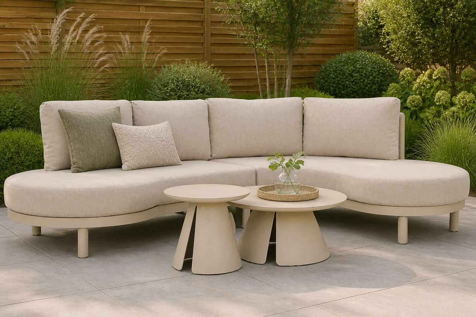 Sfeerfoto van Santika Furniture Nanda/Cayora 50/80 cm organisch loungeset 4-delig – Zand/Beige
