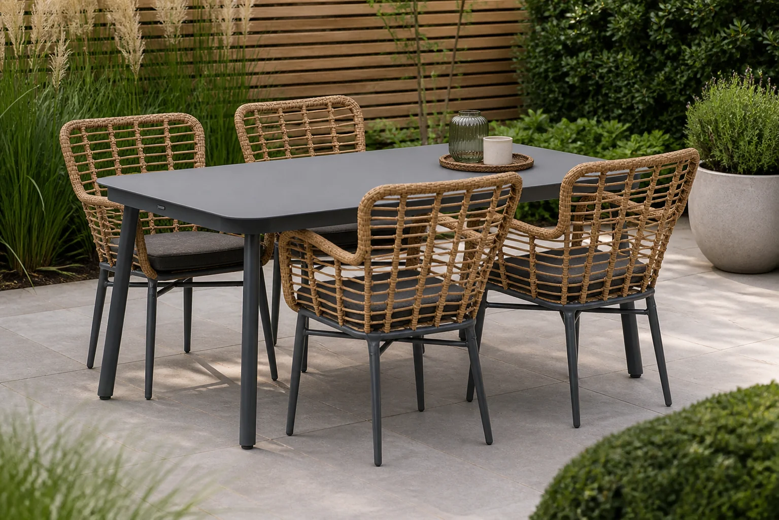 Sfeerfoto van De Laan Projects Lifestyle Toledo/Tavano 160 cm dining tuinset 5-delig – Taupe-naturel-bruin
