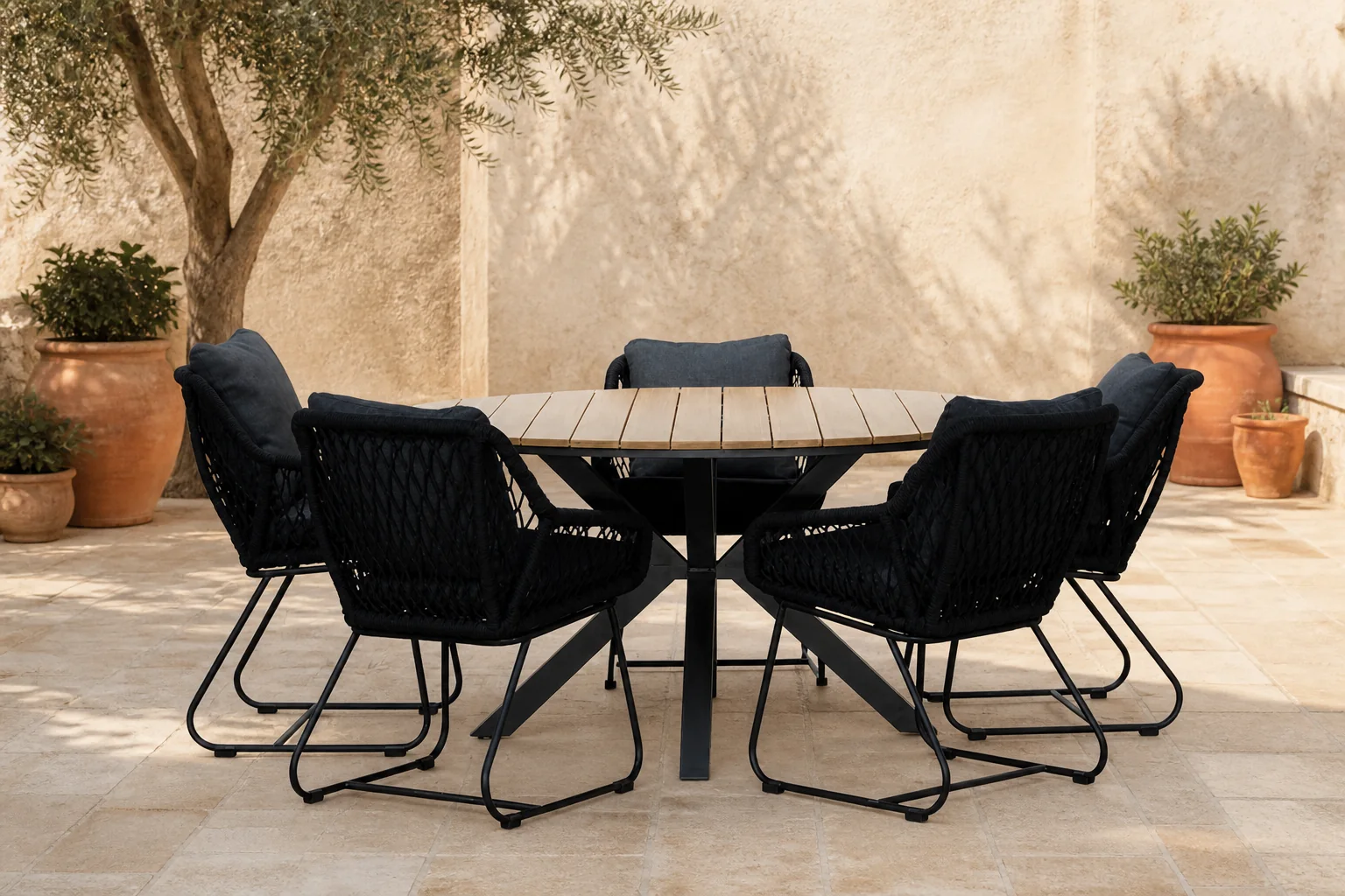 Sfeerfoto van LUX outdoor living Cervo/Portofino zwart dining tuinset | 5 personen | polywood + touw | 144cm - Light Teak, Zwart