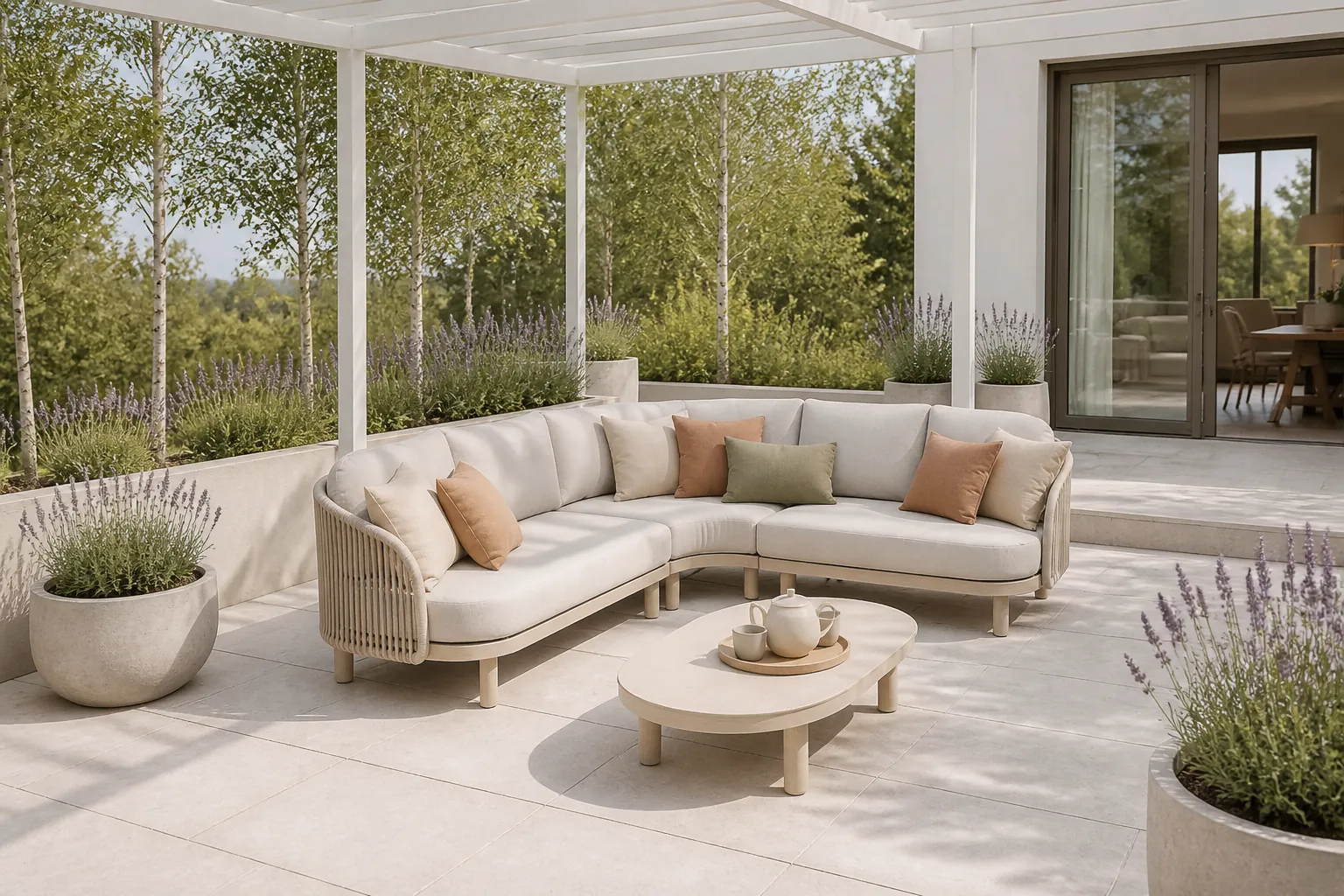 Sfeerfoto van Santika Furniture Nanda hoek loungeset 3-delig – Taupe-naturel-bruin