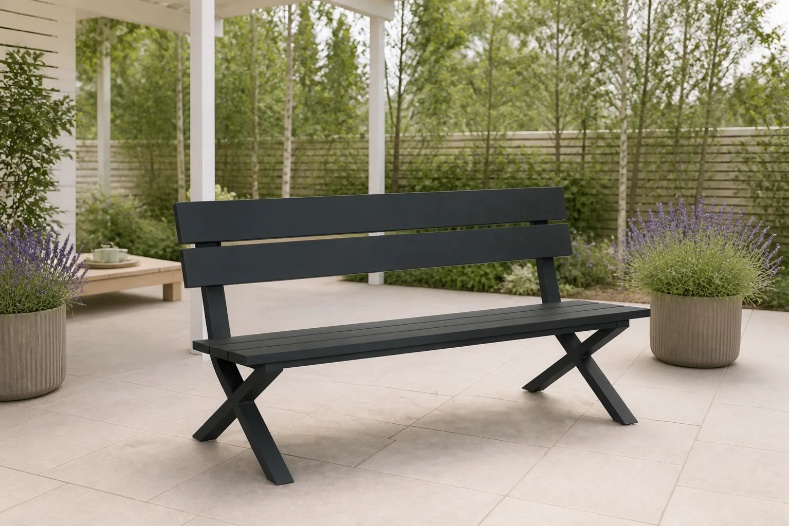 Sfeerfoto van Presto Crosano tuinbank aluminium 160 cm – Grijs-antraciet