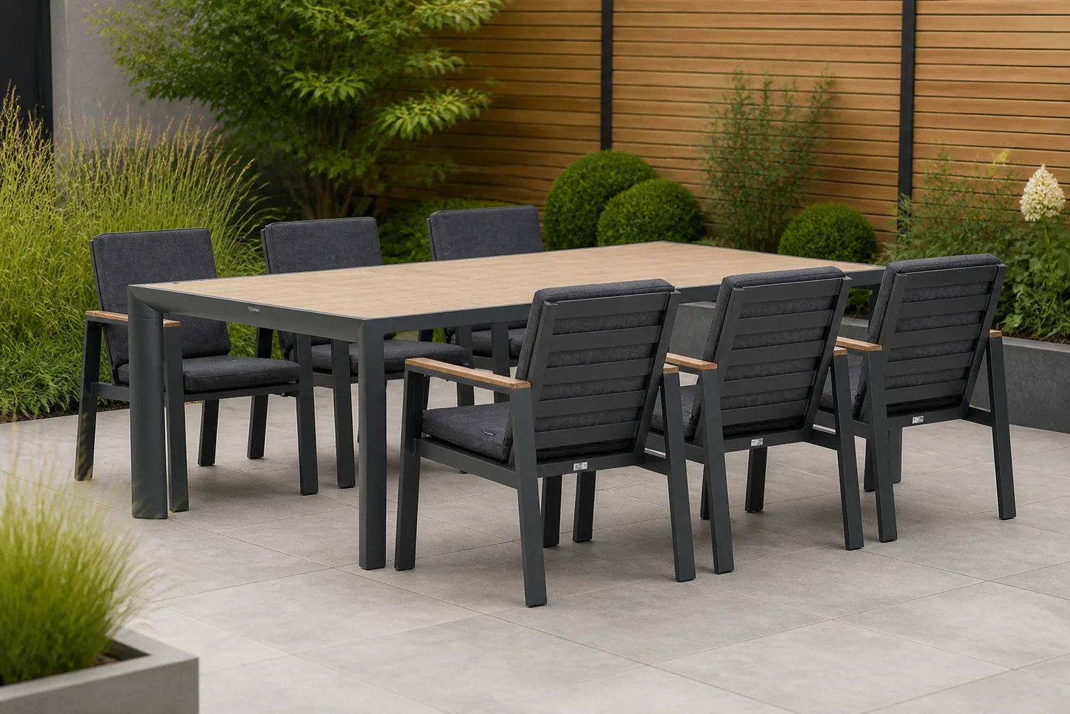 Sfeerfoto van Lifestyle Garden Furniture Marietta/Borello 240 cm dining tuinset 7-delig – Grijs-antraciet