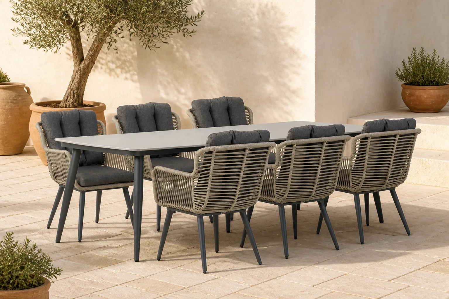 Sfeerfoto van Coco Custa/Vienna 240 cm dining tuinset 7-delig – Taupe-naturel-bruin