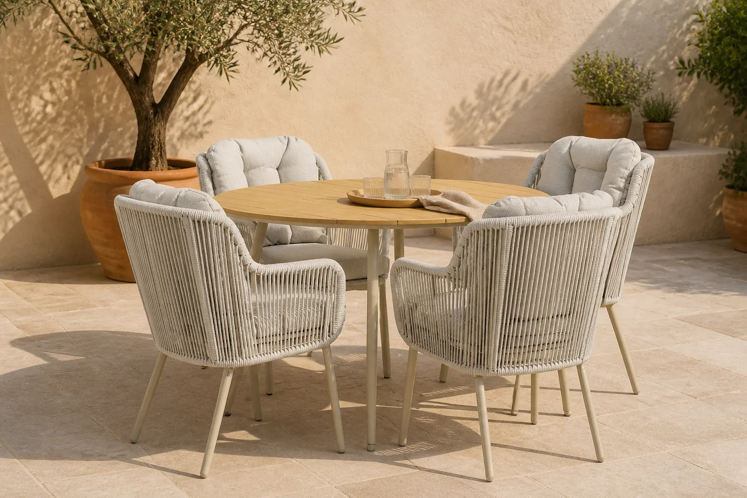 Sfeerfoto van Santika Furniture Nanda/Matale 125 cm dining tuinset 5-delig – Taupe-naturel-bruin