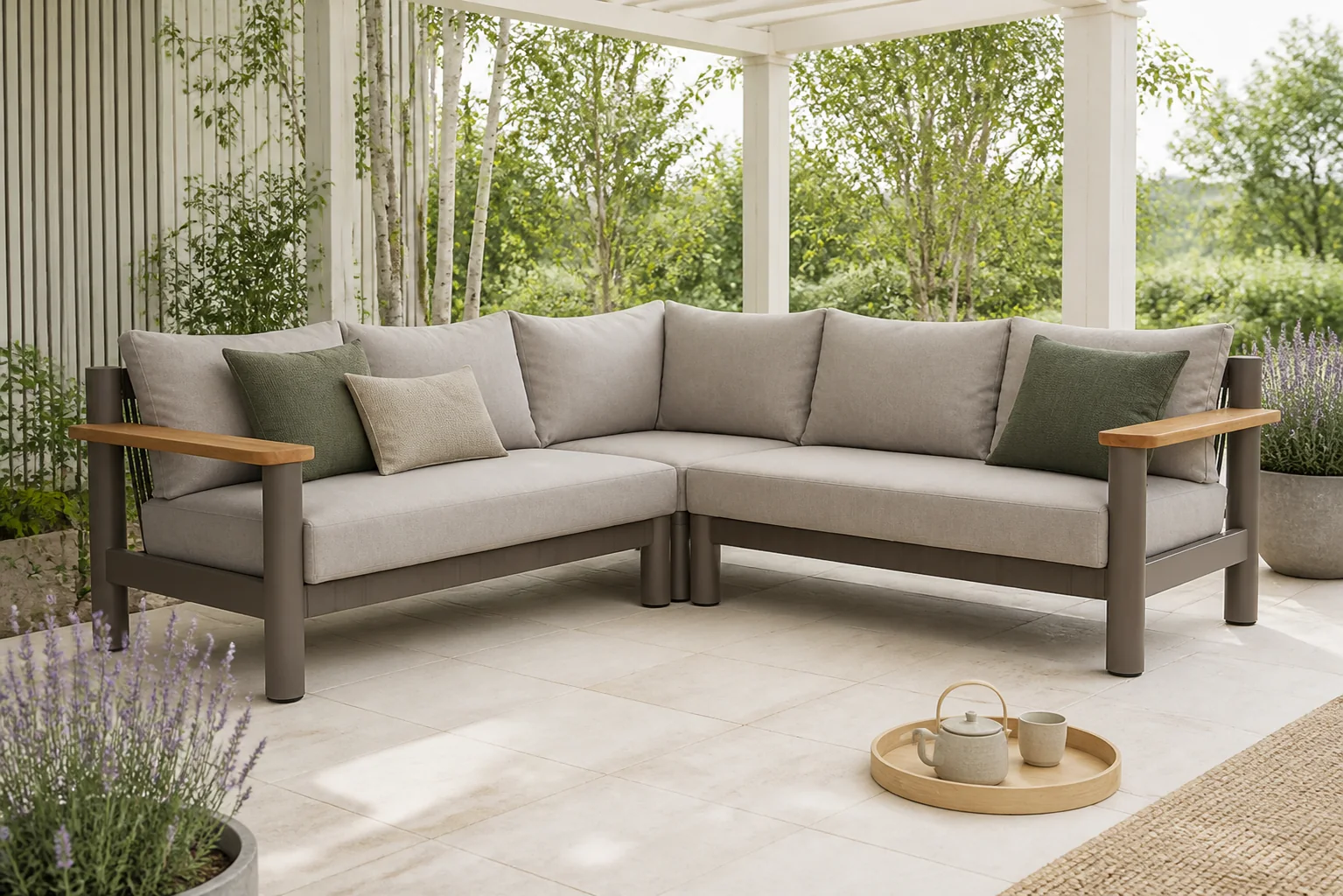 Sfeerfoto van Santika Furniture Yolano hoek loungeset 3-delig – Taupe-naturel-bruin