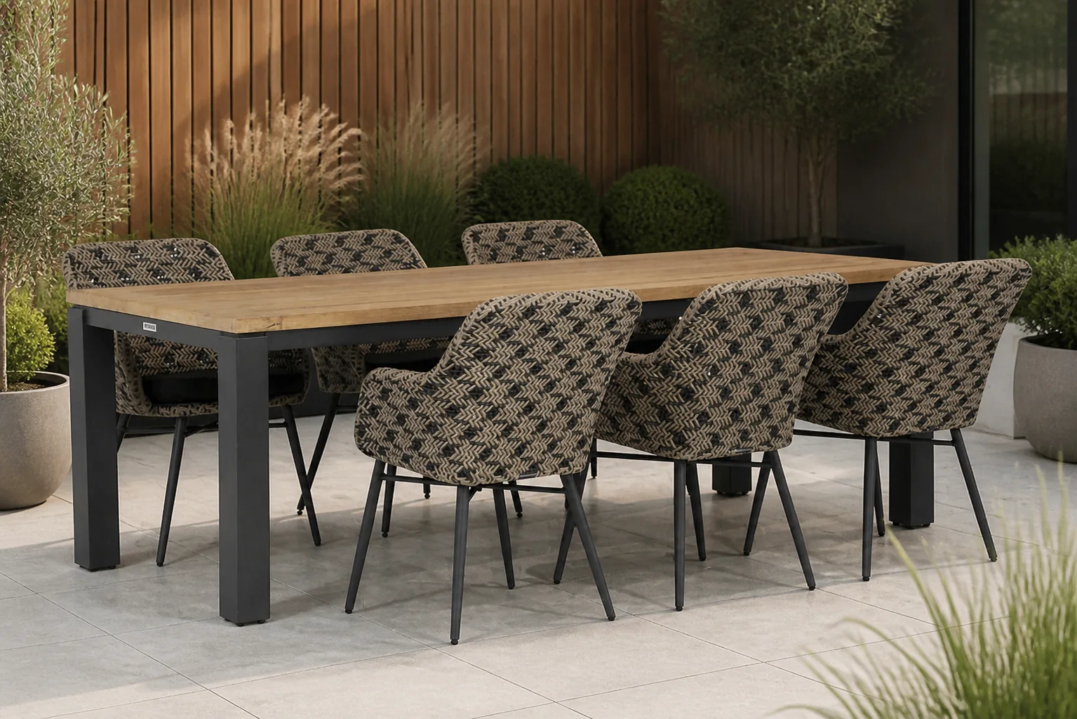 Sfeerfoto van Lifestyle Garden Furniture Crossway/Veneto 230 cm dining tuinset 7-delig – Zwart-wit