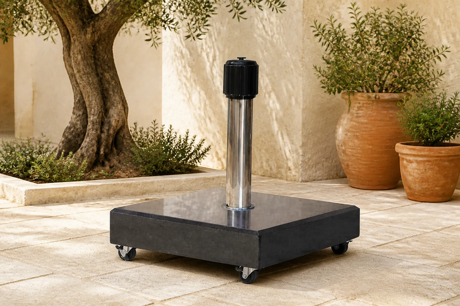 Sfeerfoto van Platinum Sun & Shade | Rome Parasolvoet Graniet met Wielen | 60 kg