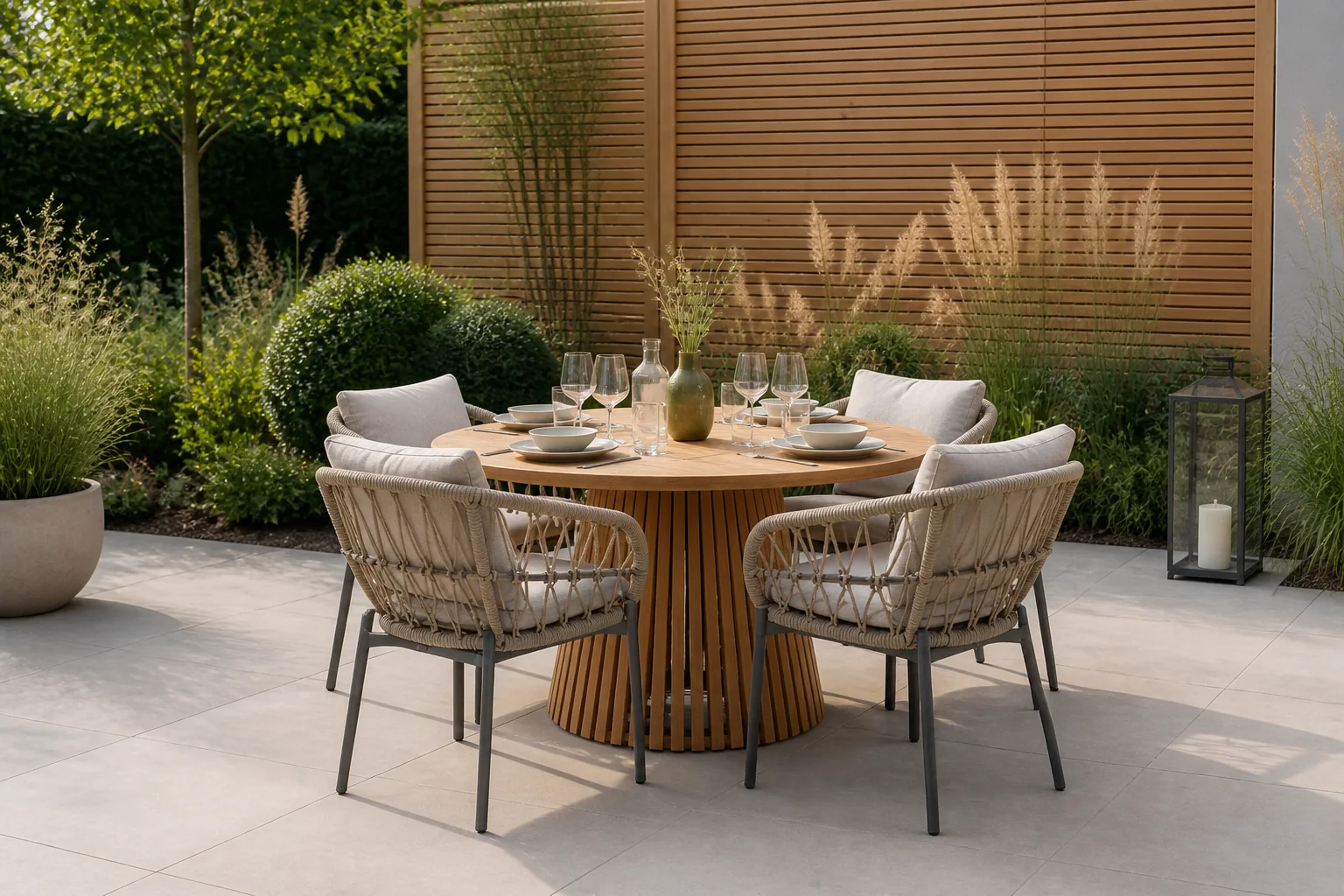 Sfeerfoto van BUITEN living Palau/Dakota beige/antraciet dining tuinset | 5 personen | teakhout + touw | 140cm – Zand