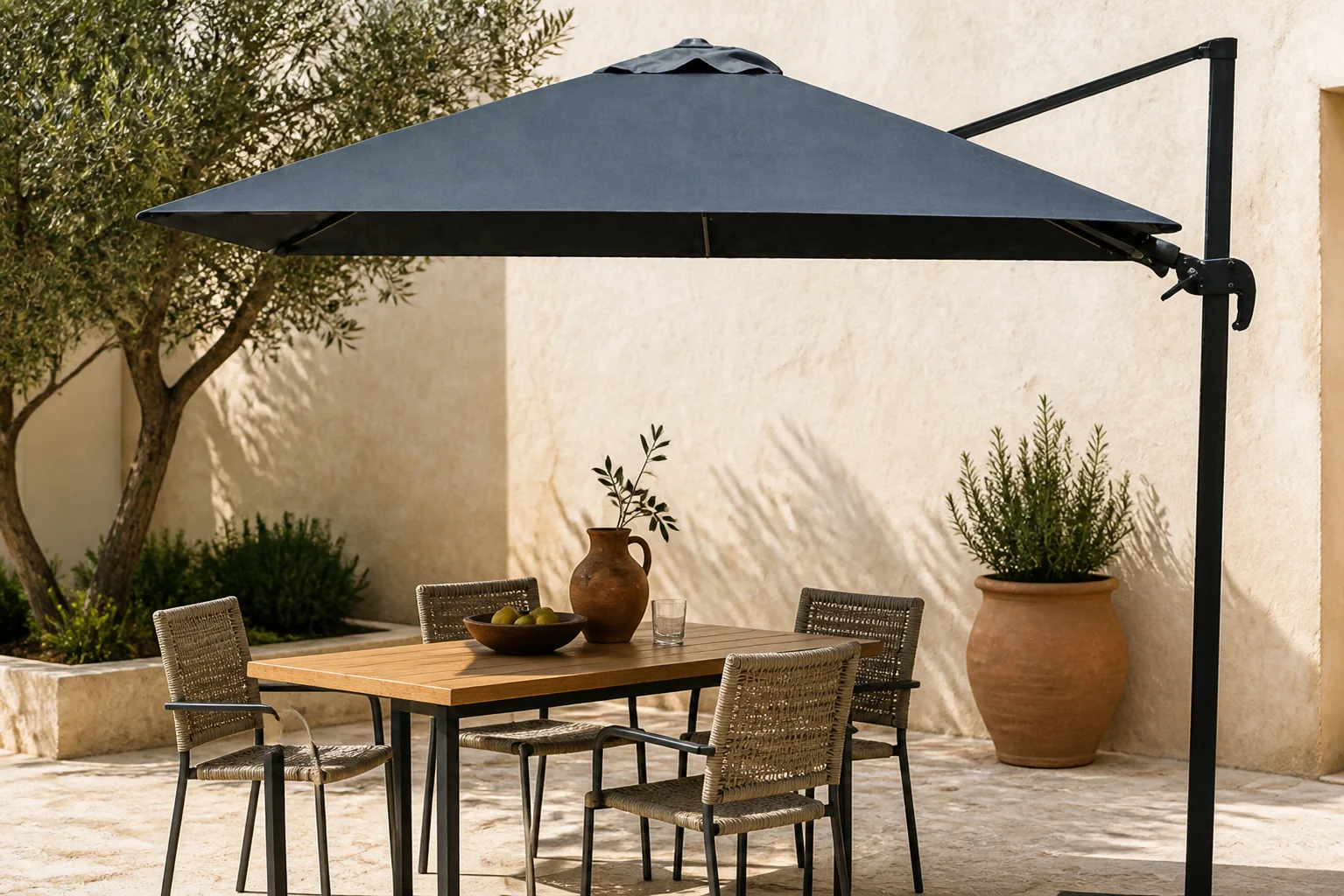 Sfeerfoto van Fonteyn Zweefparasol 300 x 300 cm Shadow LED Antraciet/Faded Black Collectie