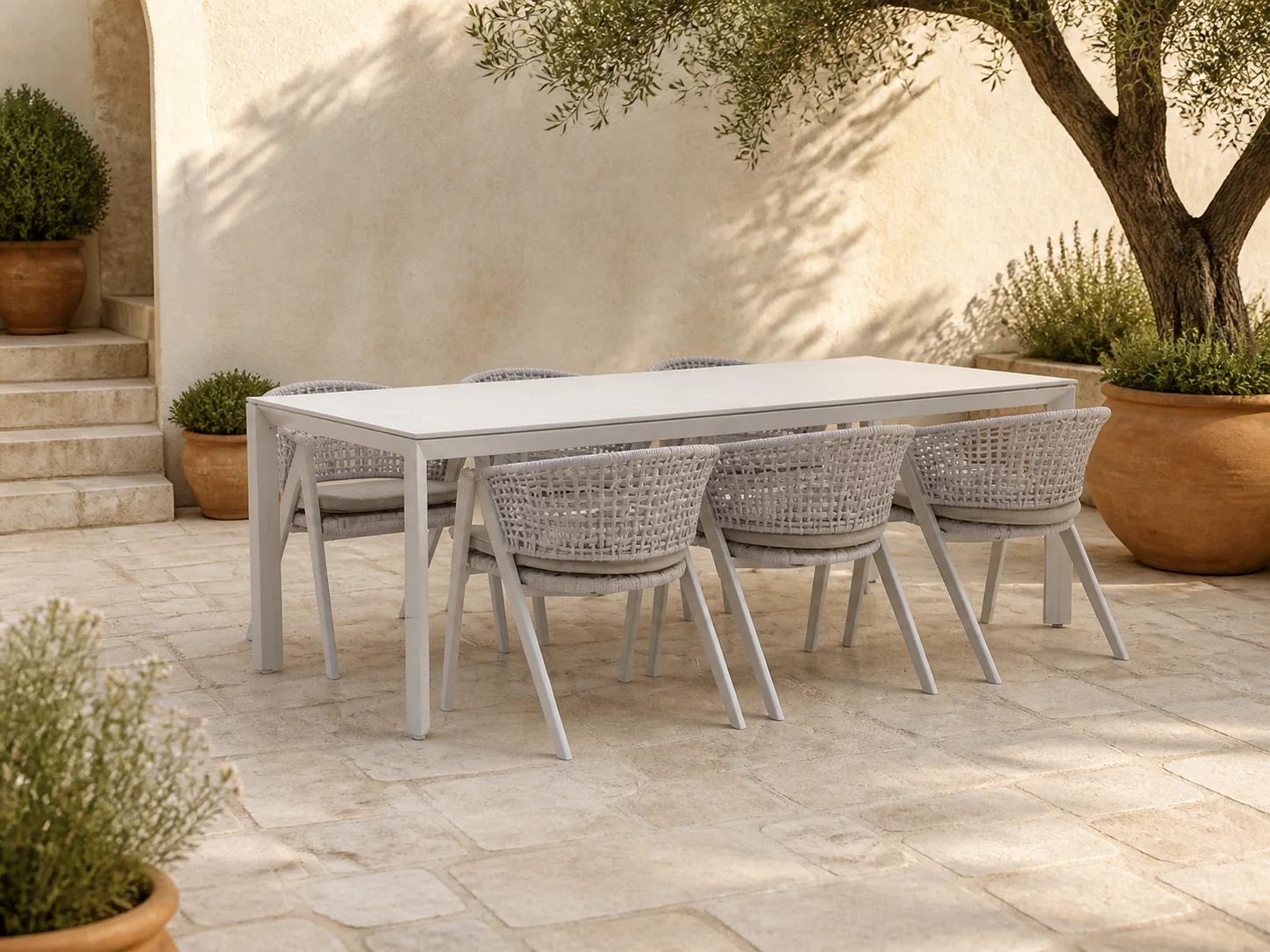 Sfeerfoto van Manifesto Furniture + 15% kassakorting | Manifesto Valsecca/Sestino 220cm dining tuinset 7-delig – Wit
