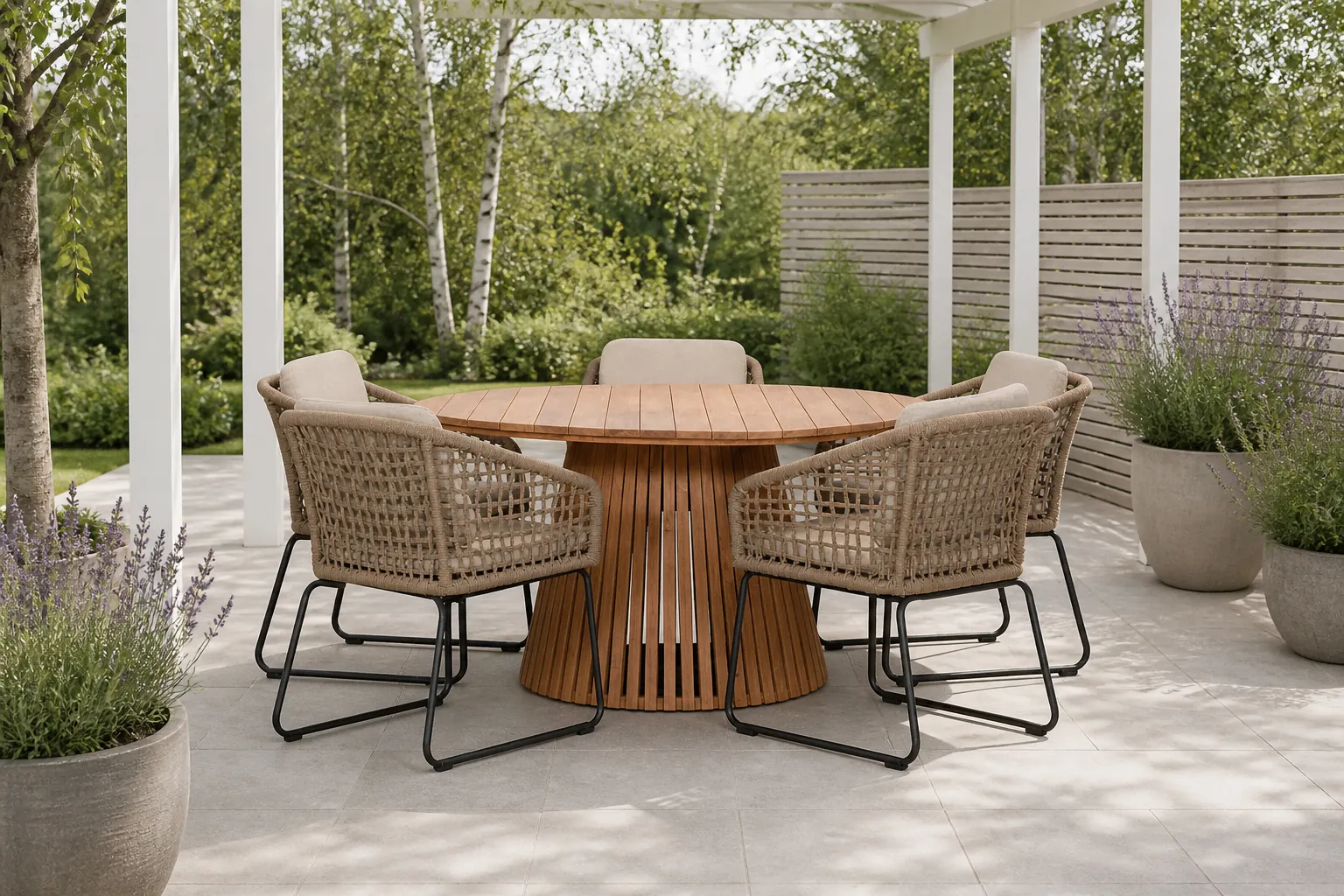 Sfeerfoto van BUITEN living Palau/Tulum Sahara Dust dining tuinset | 5 personen | teakhout + touw | 140cm rond – Zand