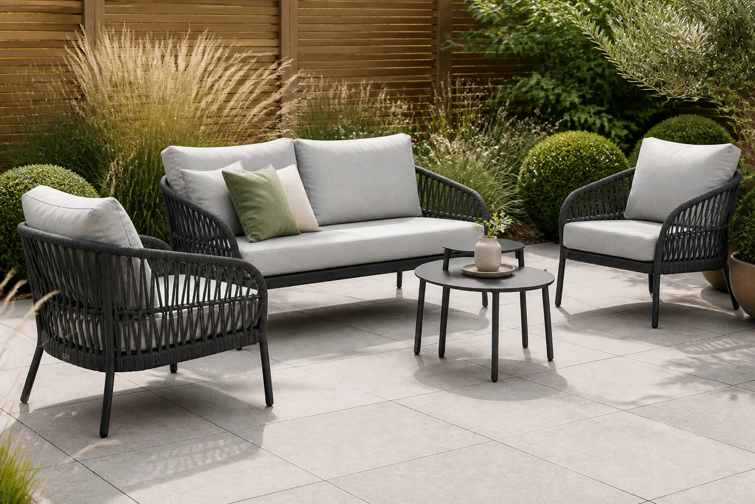 Sfeerfoto van Coco Puerto/Pacific 45-60 cm stoel-bank loungeset 5-delig – Grijs-antraciet