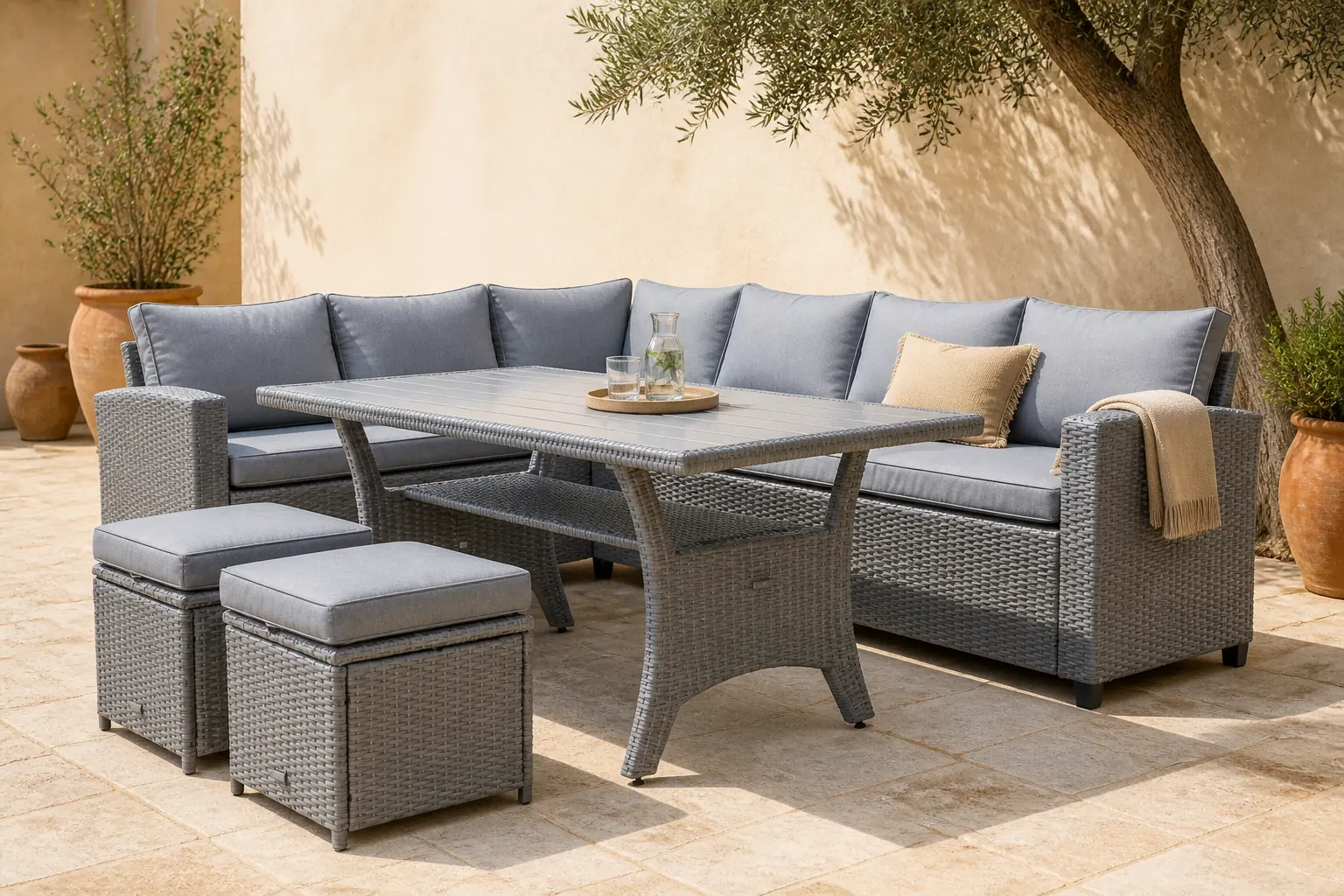 Sfeerfoto van Denza Furniture Stockholm dining loungeset met hockers 8 personen | wicker | grijs | 5-delig 245x169cm