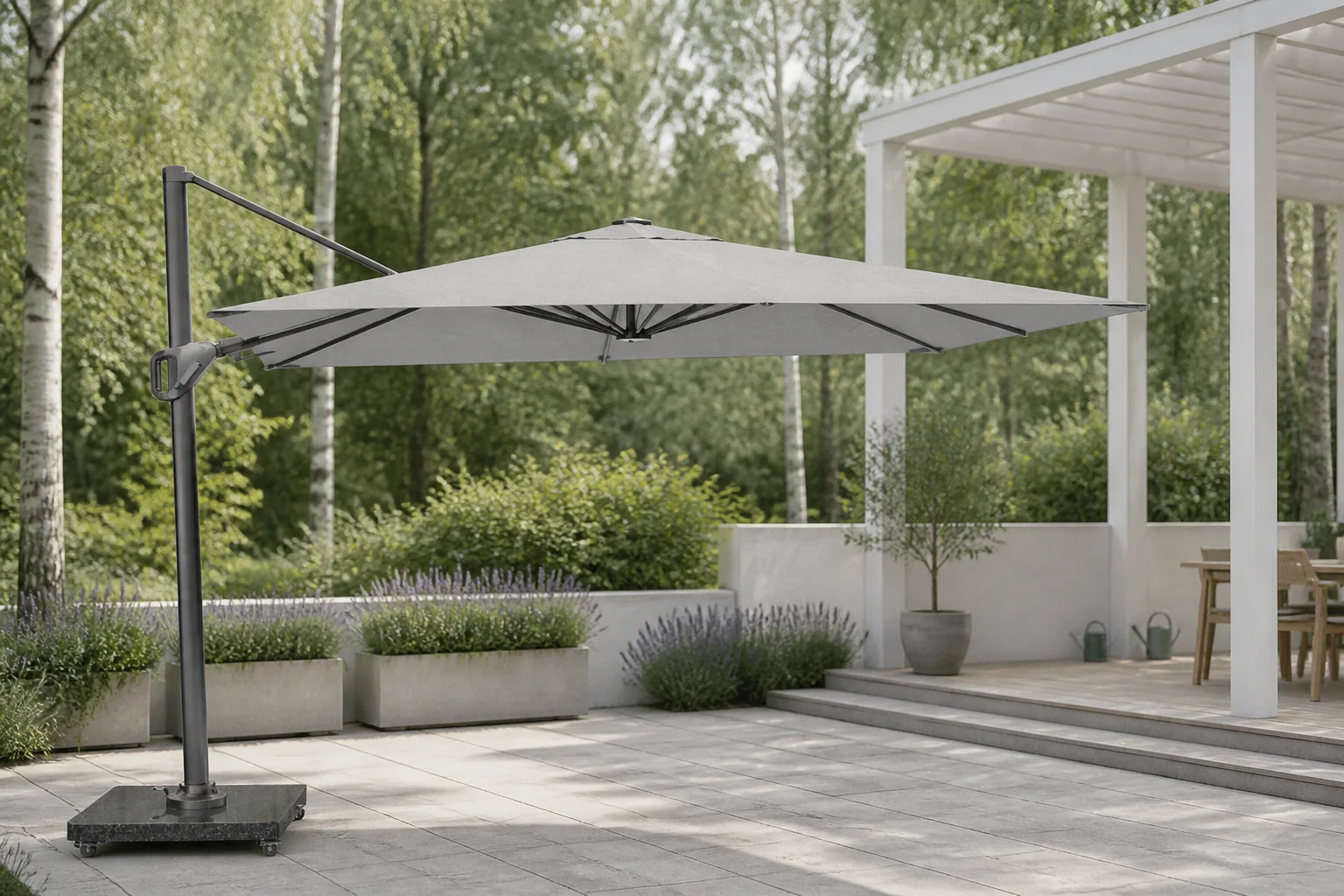 Sfeerfoto van Platinum Nexus T² zweefparasol premium doek | 300x300cm | Manhattan – Grijs