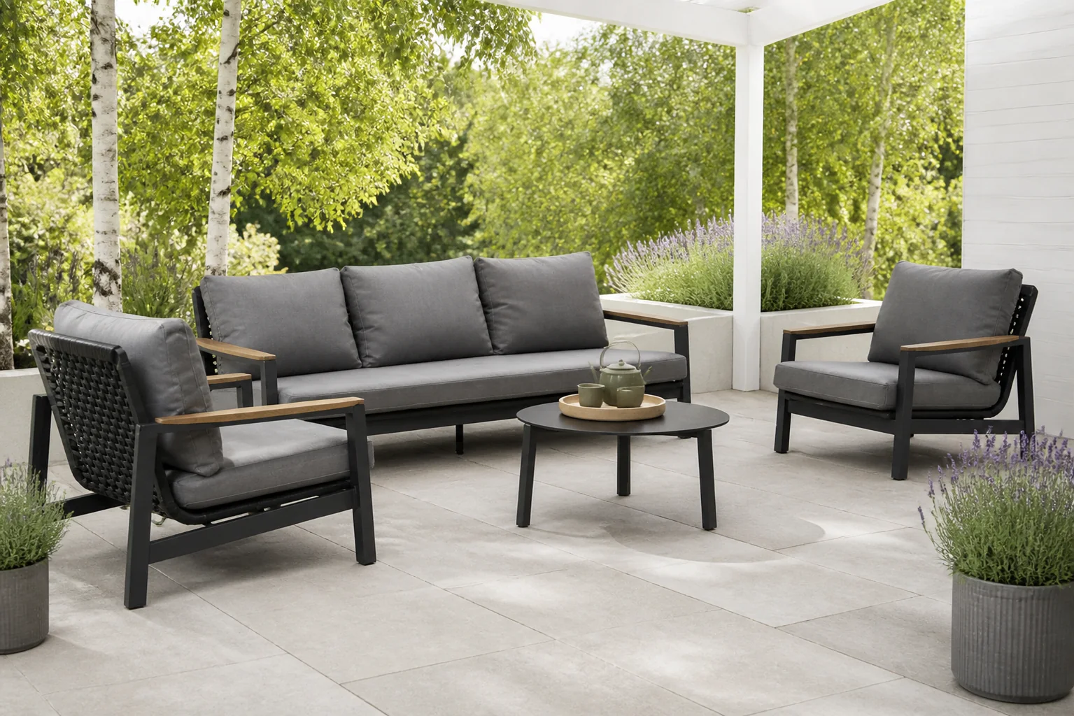 Sfeerfoto van Coco Ralph/Rimini 75 cm stoel-bank loungeset 4-delig – Grijs-antraciet