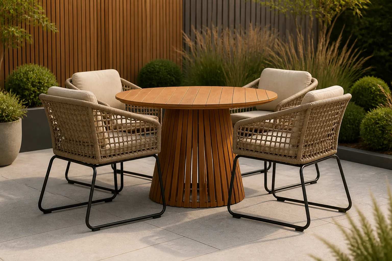 Sfeerfoto van BUITEN living Palau/Tulum Sahara Dust dining tuinset | 4 personen | teakhout + touw | 120cm rond – Zand