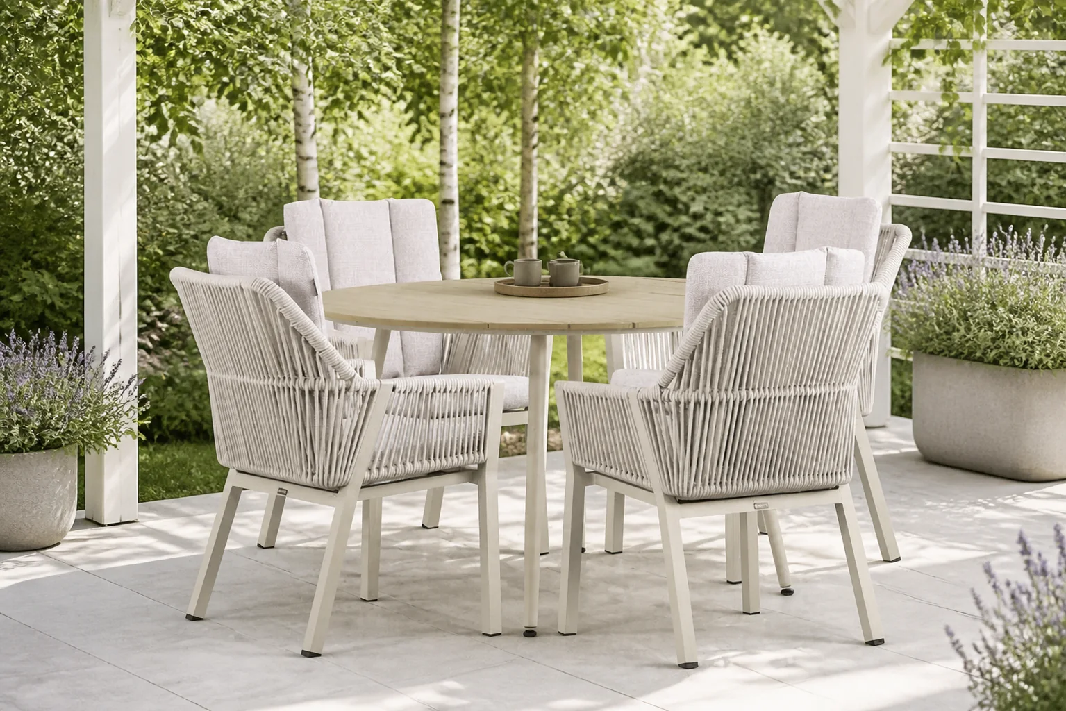 Sfeerfoto van Lifestyle Garden Furniture Verona/Matale 125 cm dining tuinset 5-delig – Taupe-naturel-bruin