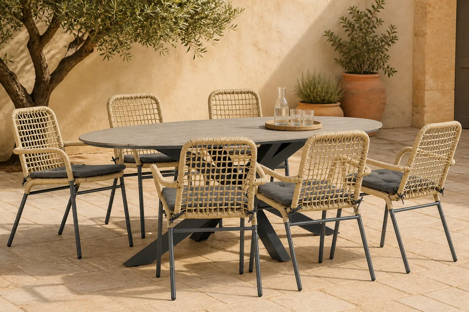 Sfeerfoto van De Laan Projects Laan Catalone/Matara 220 cm dining tuinset 7-delig – Taupe-naturel-bruin
