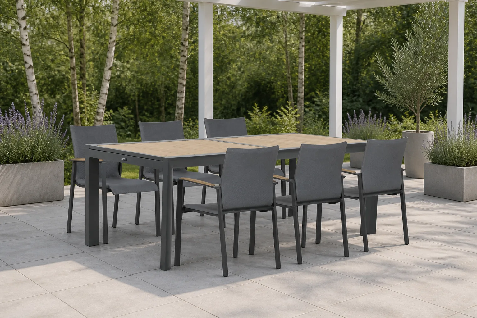 Sfeerfoto van Lifestyle Garden Furniture Brandon/Rosarno 214/273 cm dining tuinset 7-delig – Grijs-antraciet
