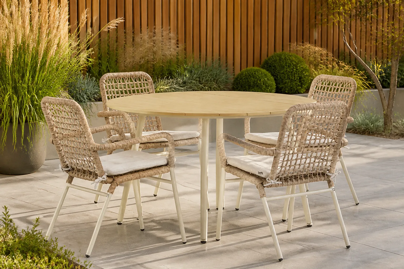 Sfeerfoto van De Laan Projects Laan Catalone/Matale 125 cm dining tuinset 5-delig – Taupe-naturel-bruin