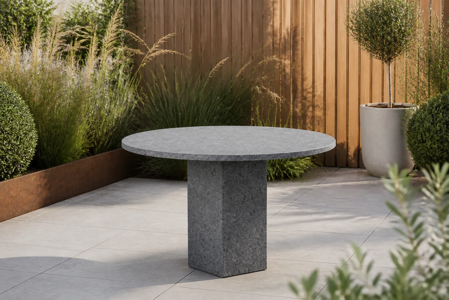 Sfeerfoto van Garden Collections Graniet dining tuintafel rond 120 cm – Grijs-antraciet
