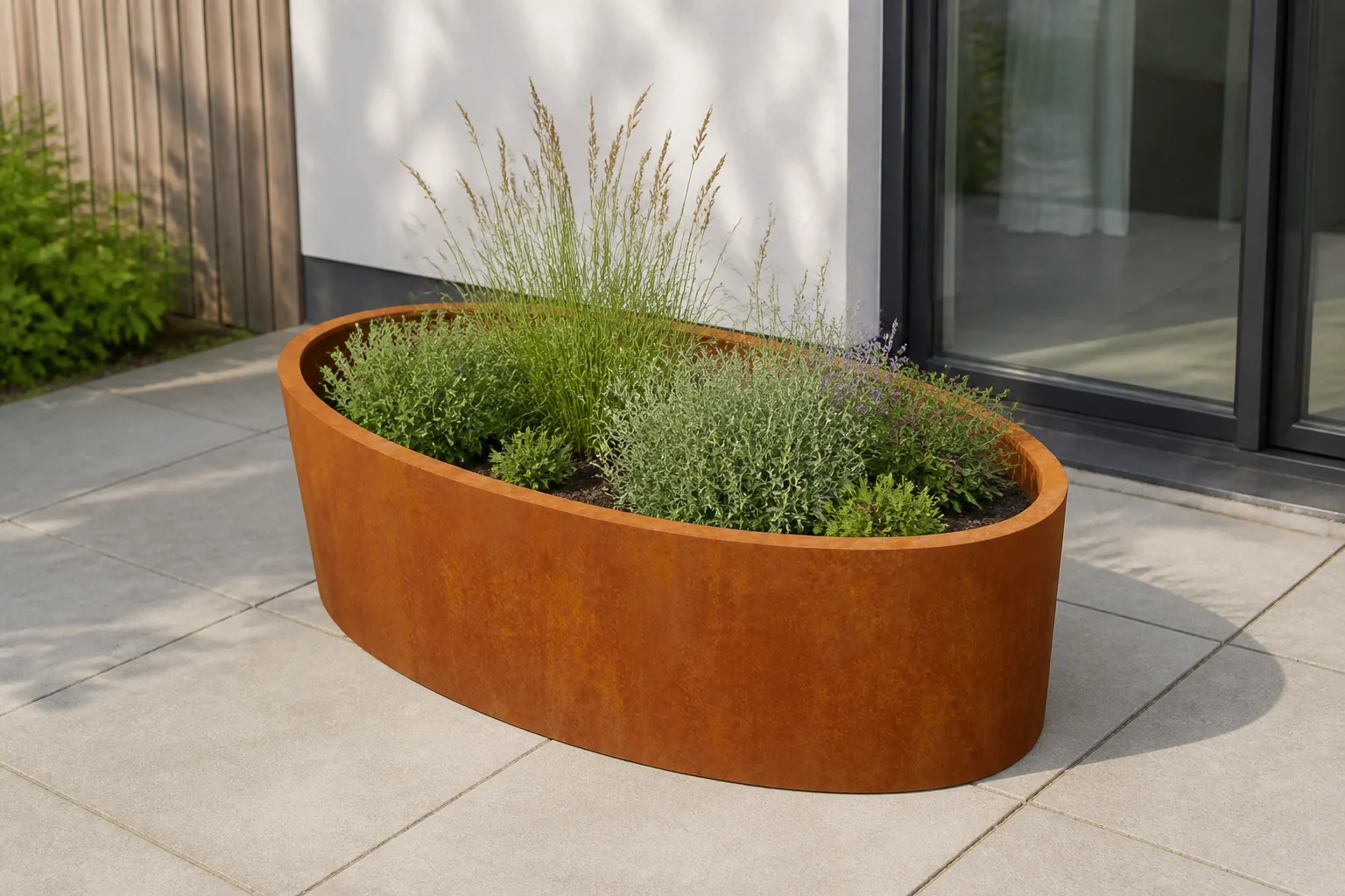 Sfeerfoto van Geroba Ovalu Ovale plantenbak cortenstaal L200 x B120 x H60 cm zonder bodem – bruin