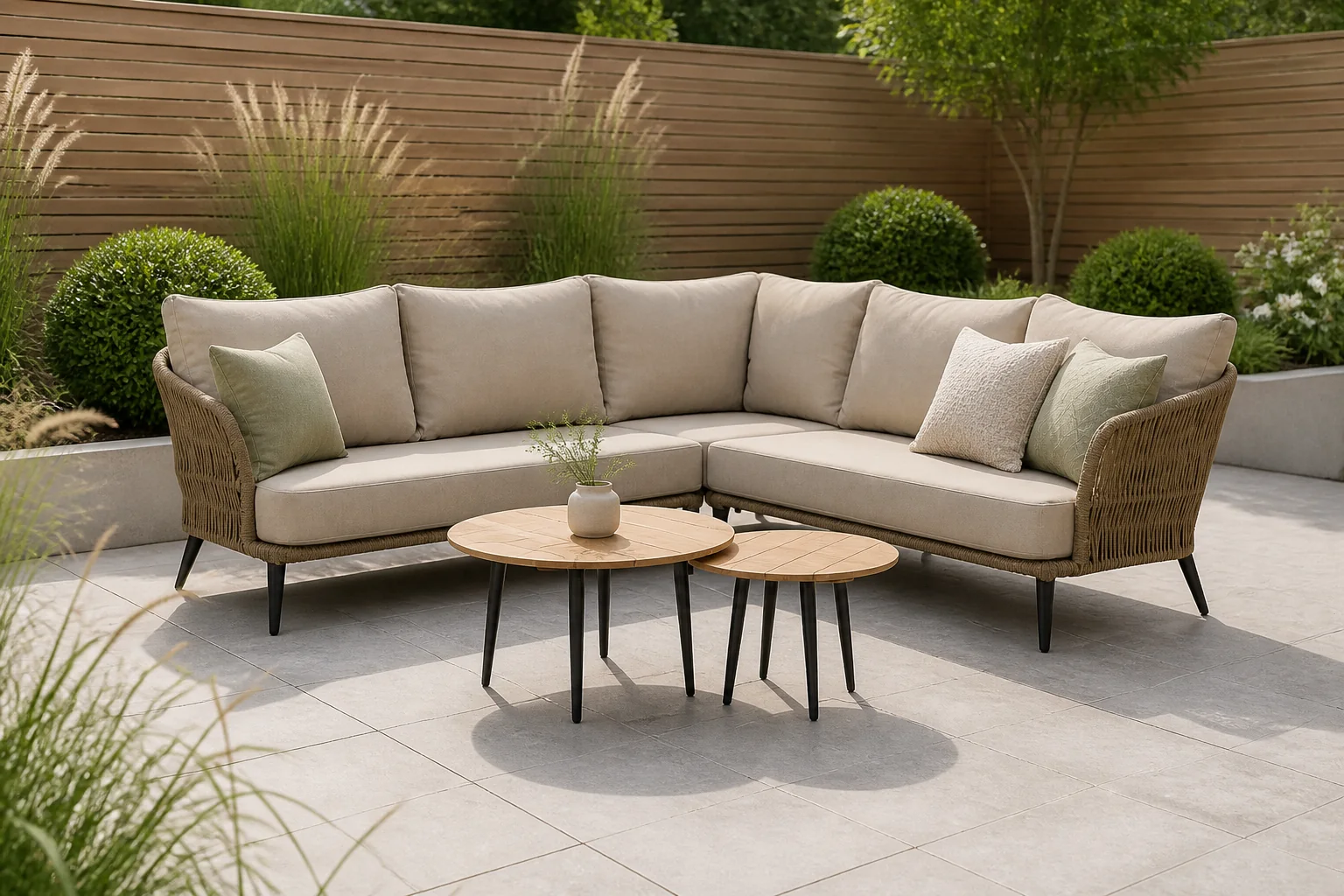 Sfeerfoto van BUITEN living Palermo hoek loungeset met teak tafels 5 personen | aluminium + touw | Sahara Dust | 6-delig 230x230cm – Taupe – Naturel – Bruin