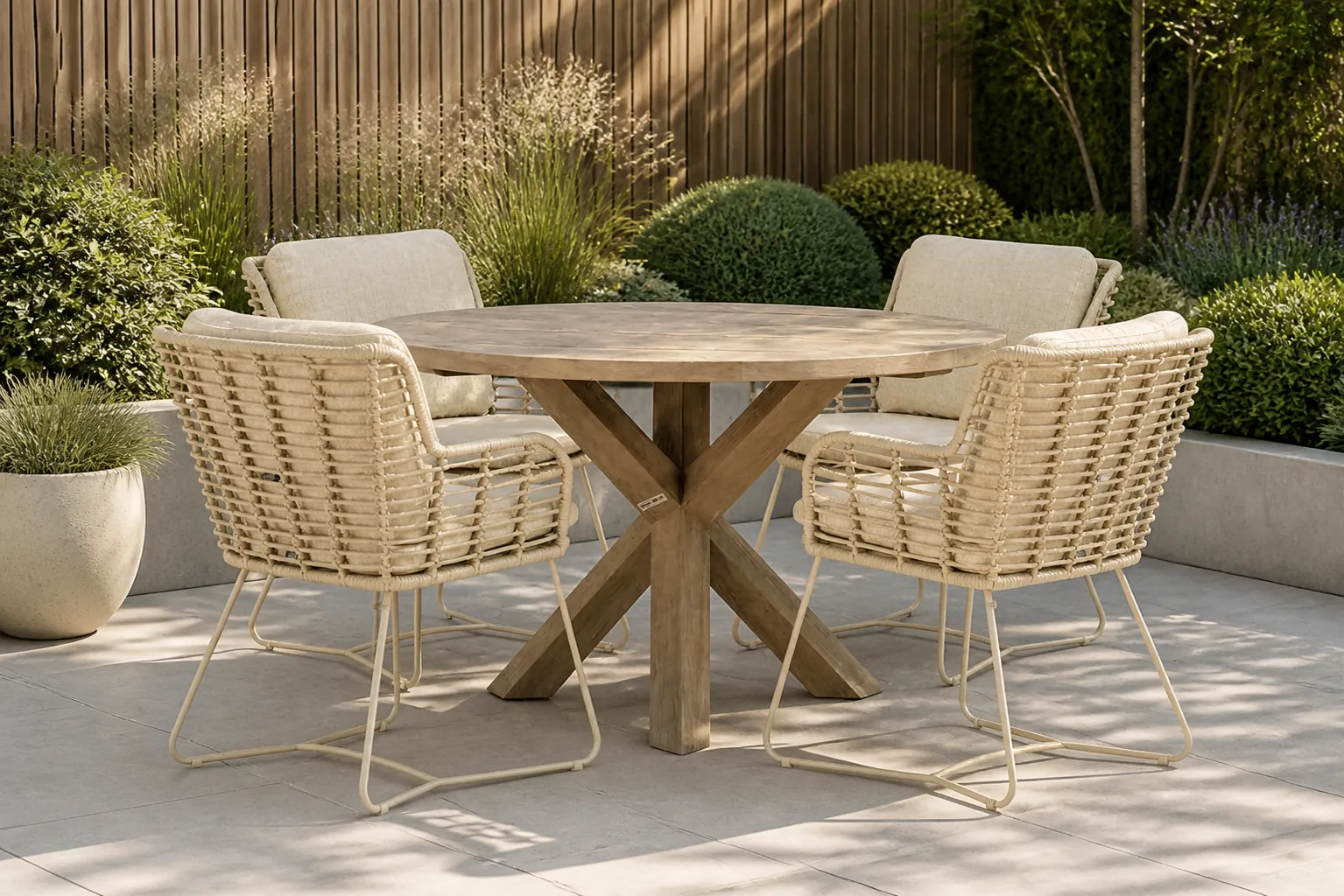 Sfeerfoto van 4 Seasons Outdoor Fabrice/Sand City 120 cm dining tuinset 5-delig – Taupe-naturel-bruin