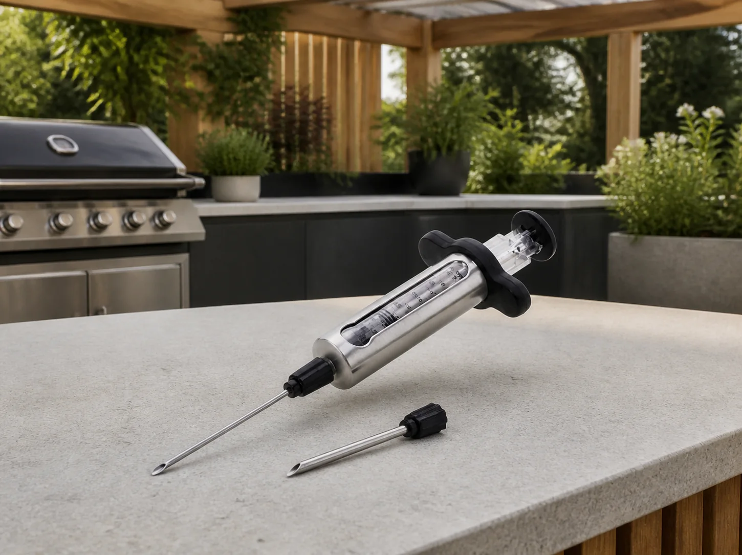 Sfeerfoto van Napoleon grills RVS marinade injectiespuit met 2 naalden barbecue