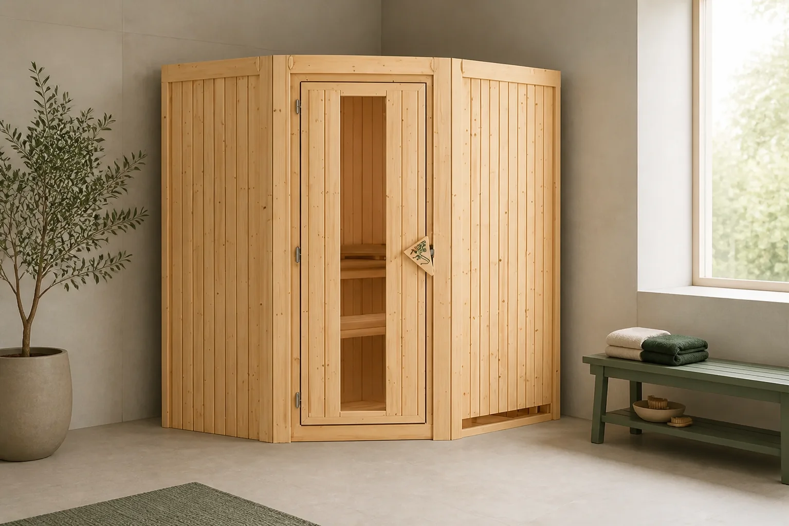 Sfeerfoto van Karibu | Tonja Sauna met Dakkraag | Energiesparende Deur | Kachel 3,6 kW Externe Bediening