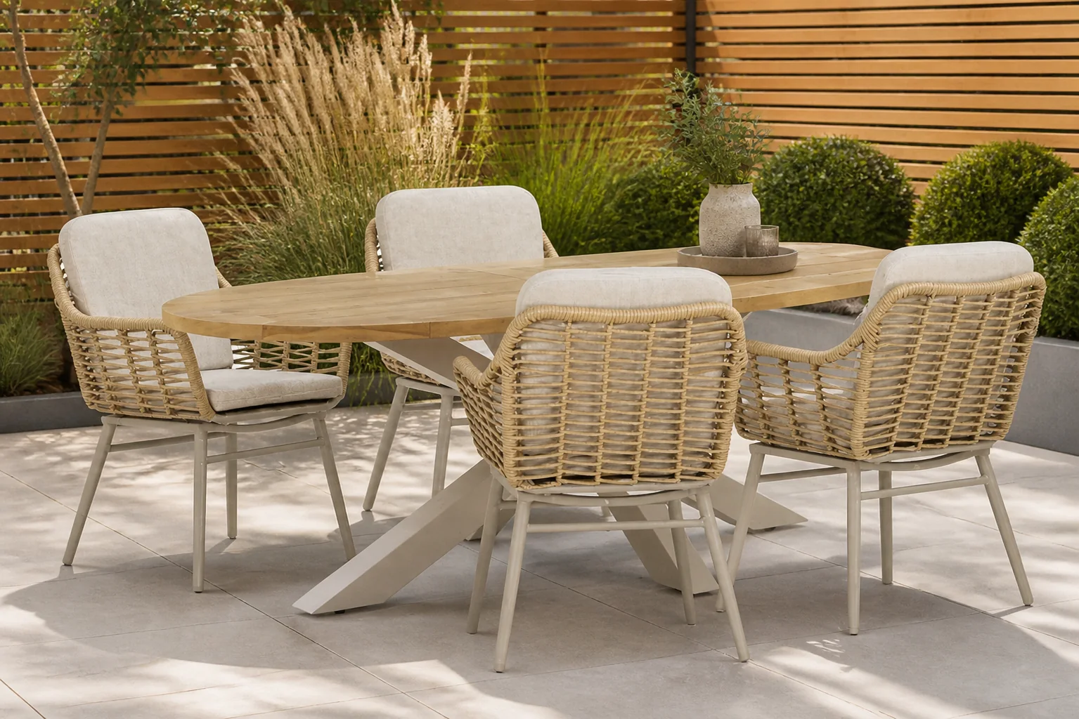 Sfeerfoto van Coco Antoni/Brookline 200 cm dining tuinset 5-delig – Taupe-naturel-bruin
