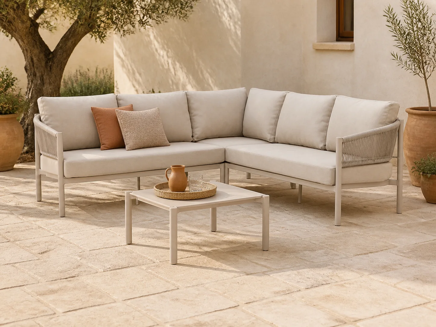 Sfeerfoto van Bellagio tuinmeubelen + 10% kassakorting | Bellagio Panaro hoek loungeset 4-delig – Taupe