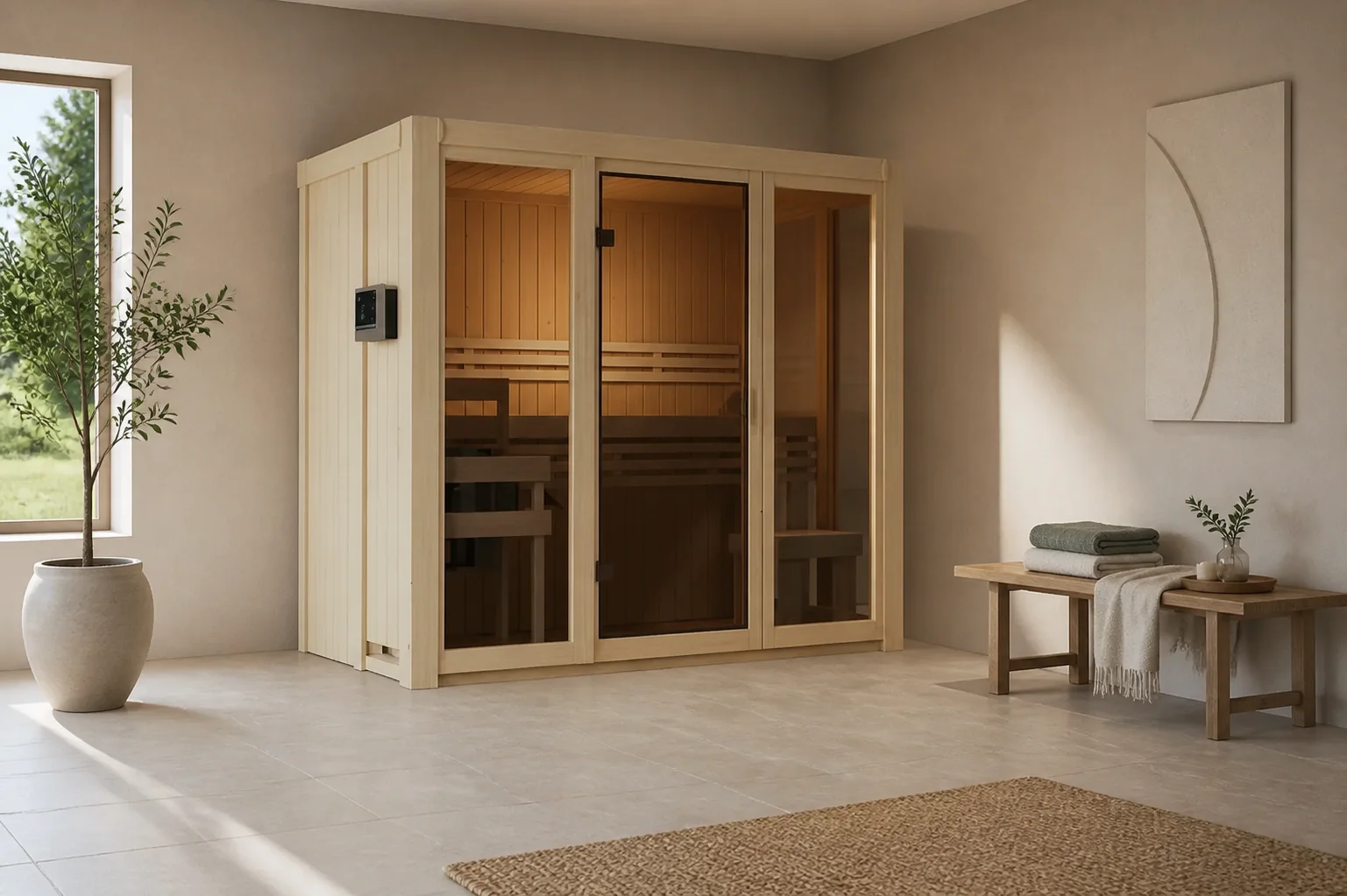 Sfeerfoto van Karibu | Irava 2 Sauna | Kachel 3,6 kW Externe Bediening