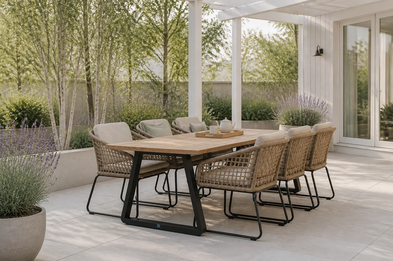 Sfeerfoto van LUX outdoor living Elena/Tulum Sahara Dust dining tuinset | 6 personen | teakhout + touw | 240cm – Zand
