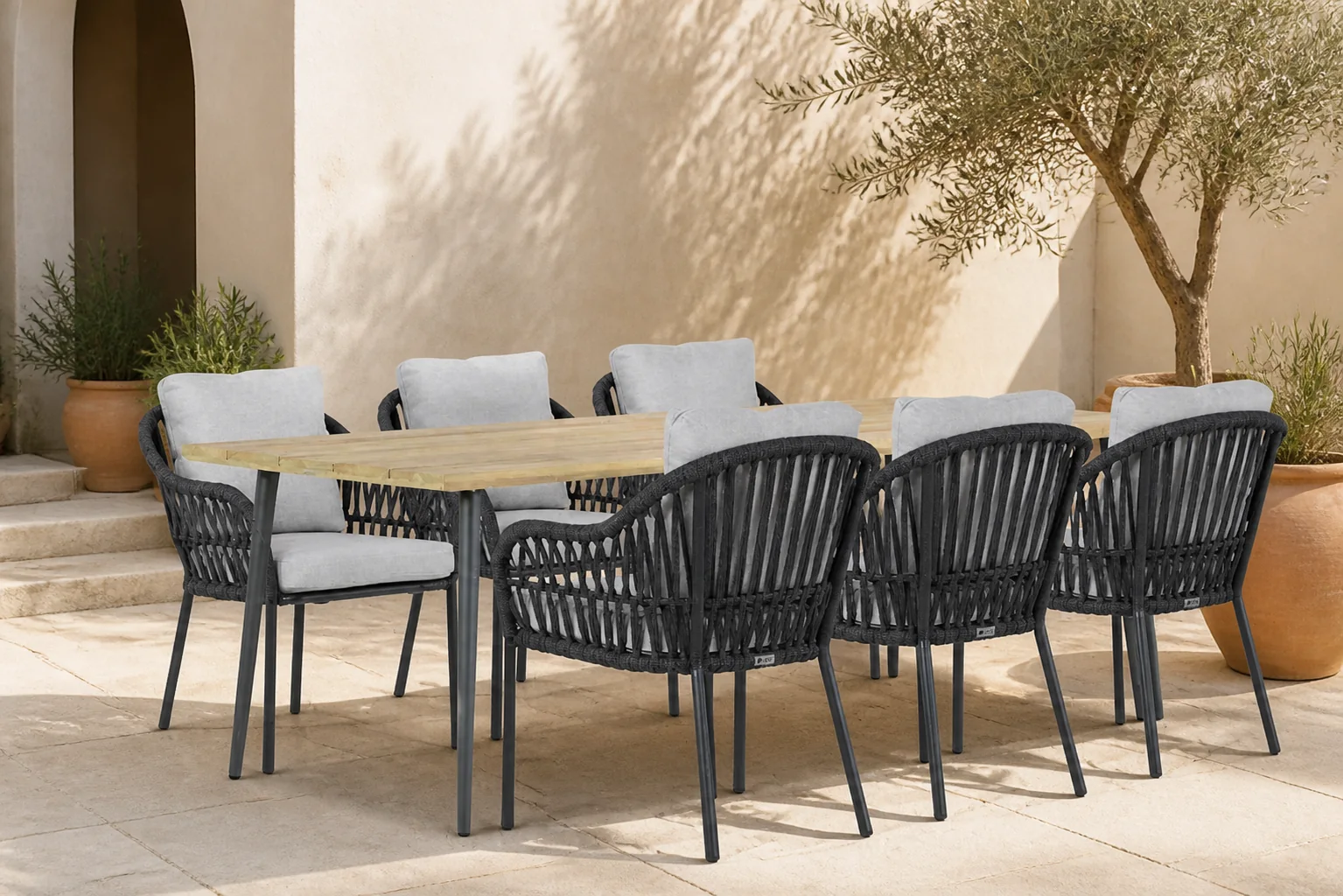 Sfeerfoto van Coco Puerto/Montana 240 cm dining tuinset 7-delig – Grijs-antraciet