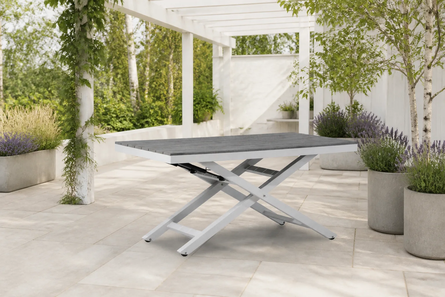 Sfeerfoto van Lifestyle Garden Furniture Palazzo lounge/dining tuintafel 140 x 80 cm verstelbaar wit