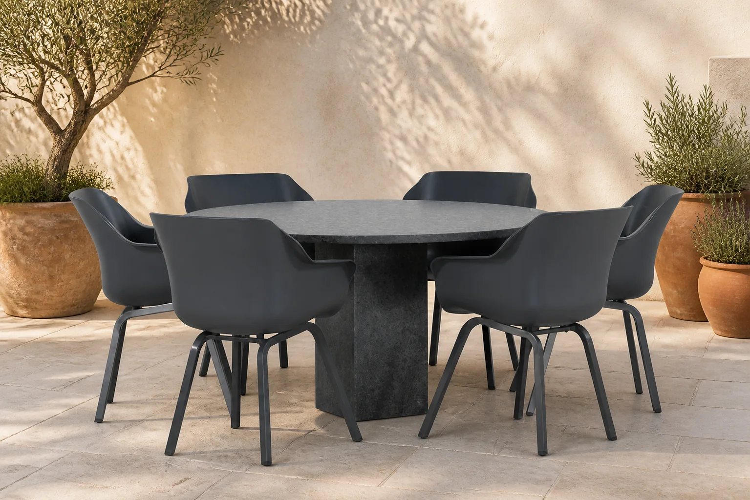 Sfeerfoto van Hartman Sophie element/Graniet rond 140 cm dining tuinset 7-delig – Grijs-antraciet