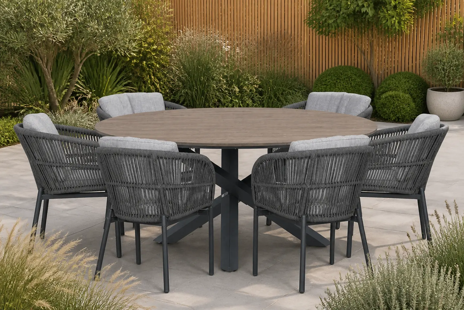 Sfeerfoto van Lifestyle Garden Furniture Monaco/Ancona 150 cm dining tuinset 7-delig – Grijs-antraciet