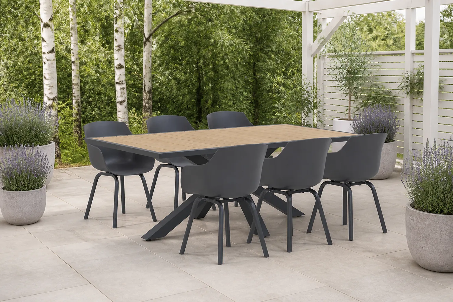 Sfeerfoto van Lifestyle Garden Furniture Salina/Palermo 215 cm dining tuinset 7-delig – Grijs-antraciet
