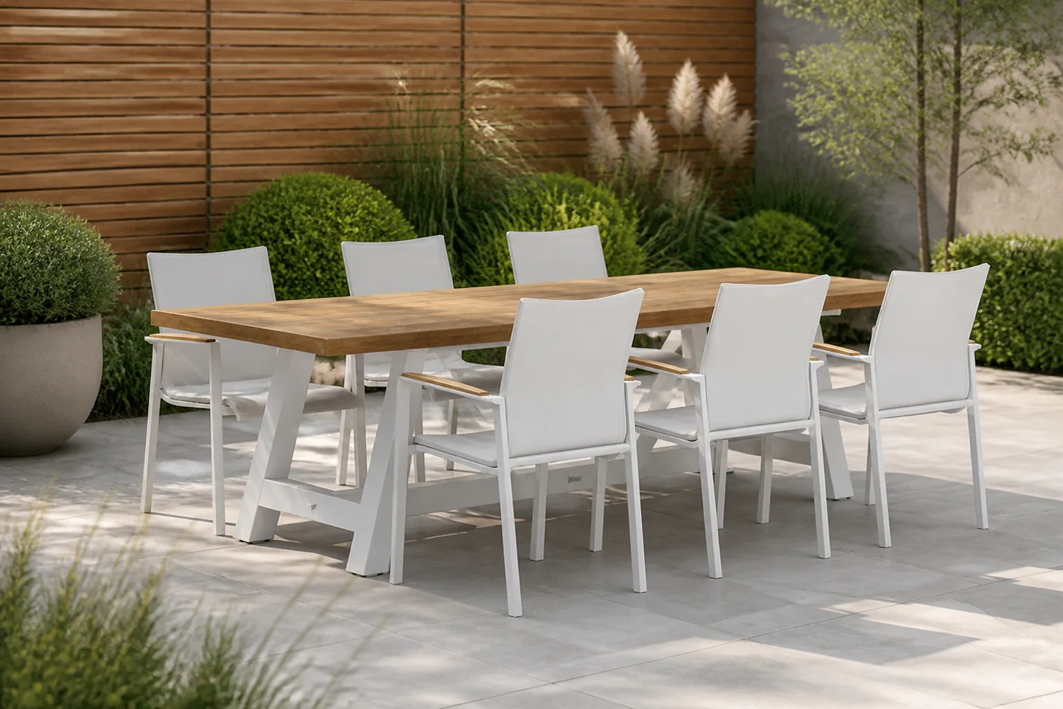 Sfeerfoto van Lifestyle Garden Furniture Brandon/Florence 260 cm dining tuinset 7-delig – Wit