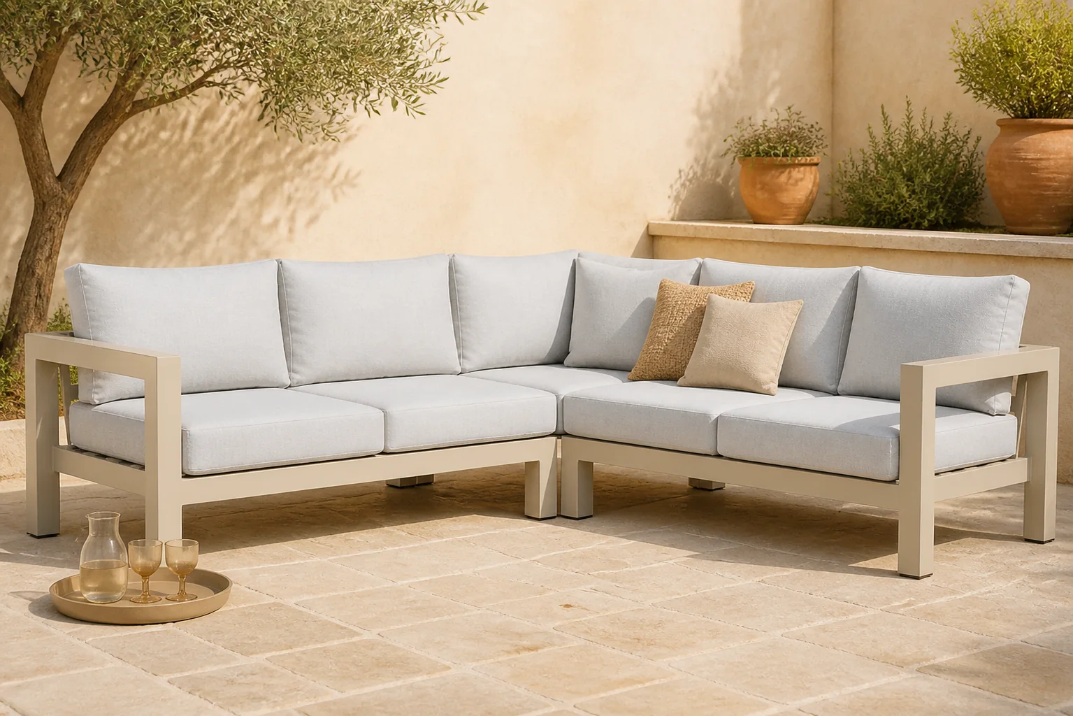 Sfeerfoto van Lifestyle Garden Furniture Luca hoek loungeset 3-delig – Taupe-naturel-bruin