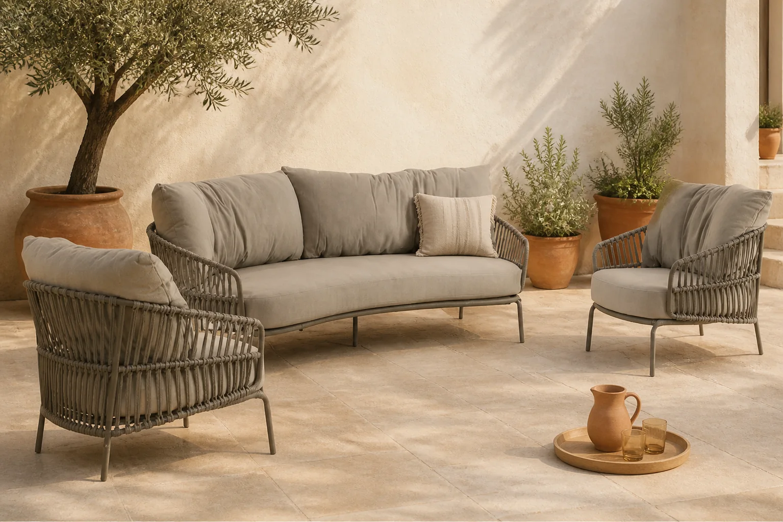 Sfeerfoto van 4 Seasons Outdoor Capalbio stoel-bank loungeset 3-delig – Taupe-naturel-bruin