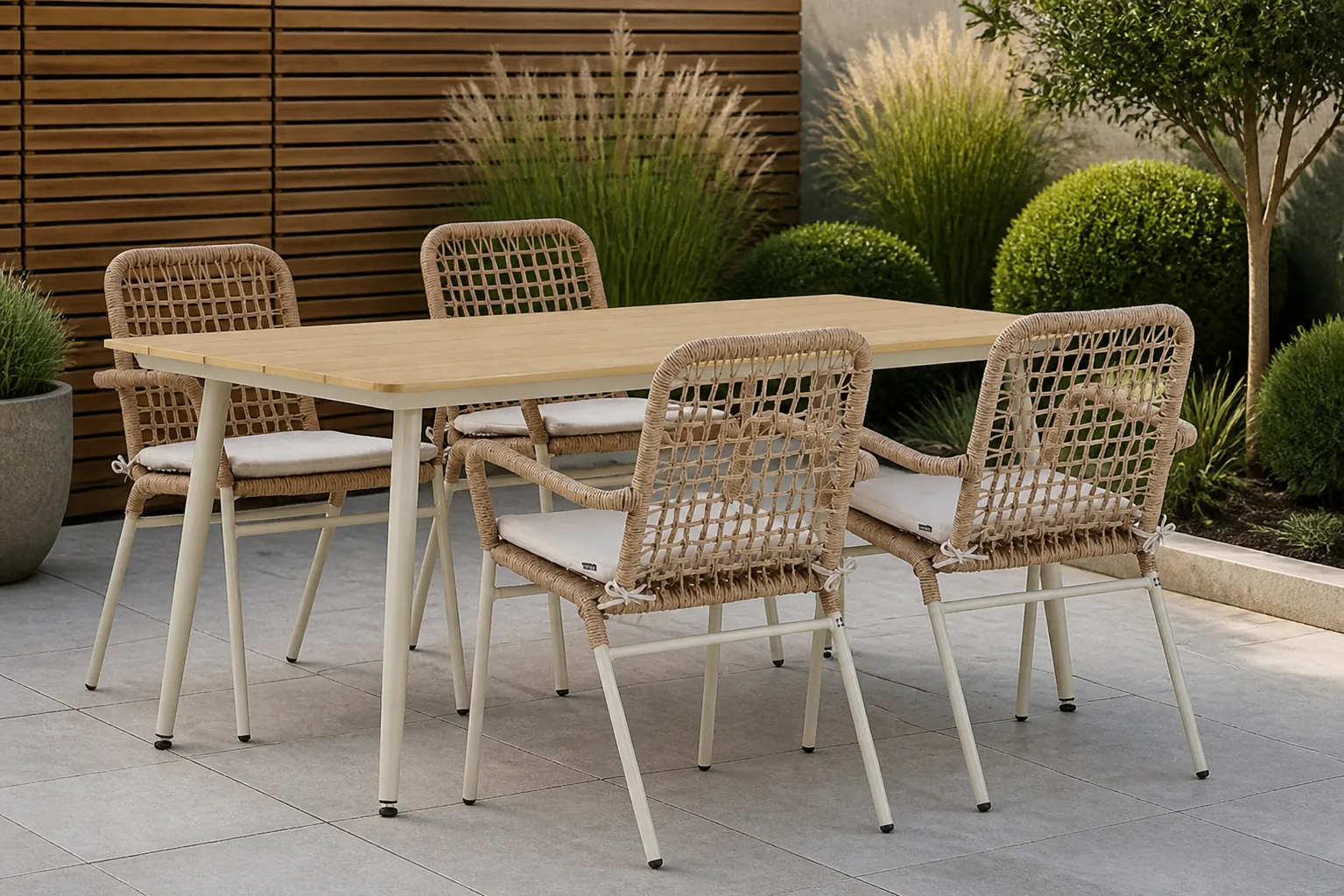 Sfeerfoto van De Laan Projects Laan Catalone/Matale 180 cm dining tuinset 5-delig – Taupe-naturel-bruin