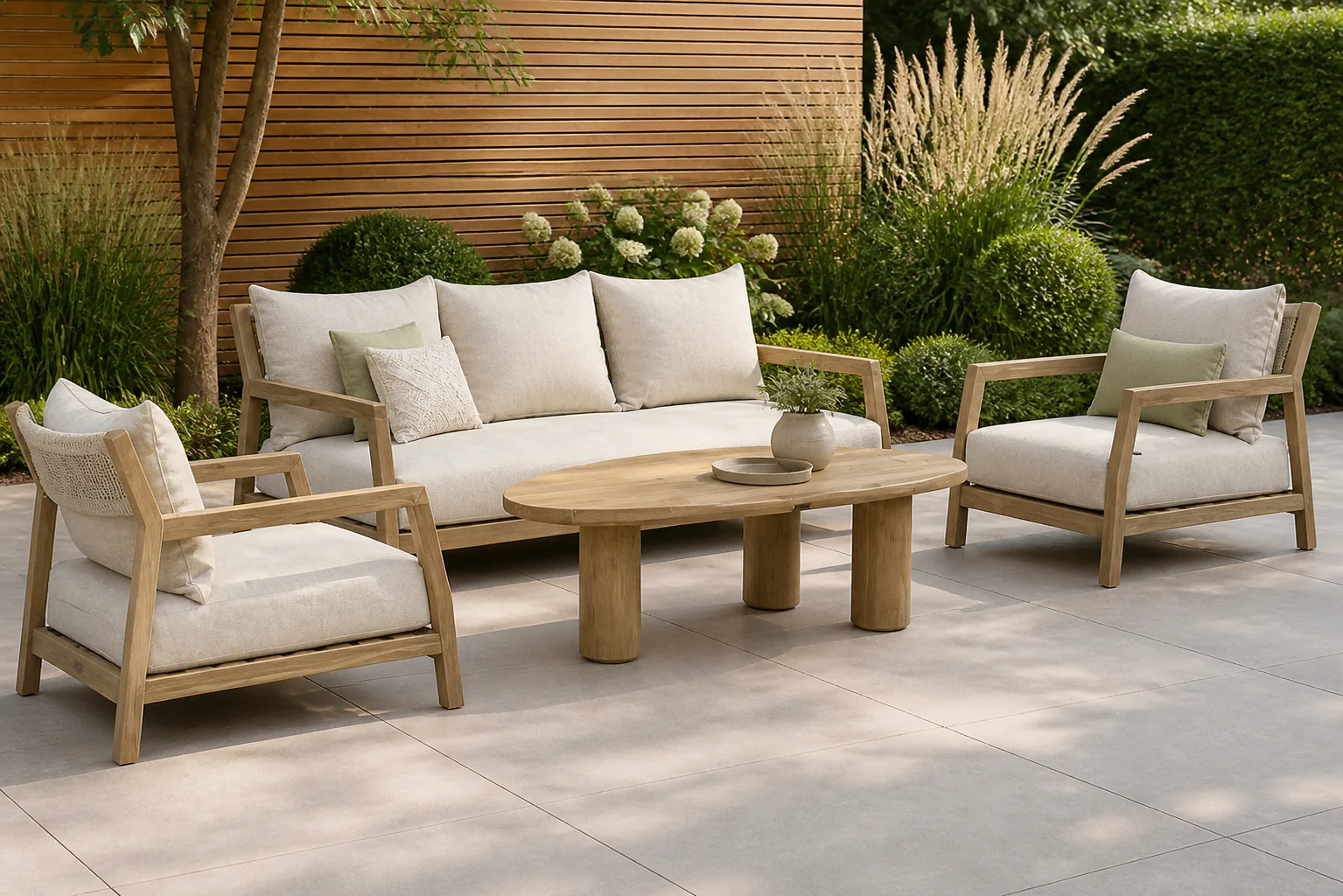 Sfeerfoto van Santika Furniture Suka/Riah 135 cm stoel-bank loungeset 4-delig – Old teak greywash