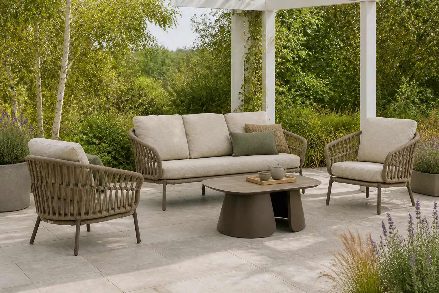 Sfeerfoto van Coco Viento/Miyoura stoel-bank loungeset 4-delig – Zand/Beige