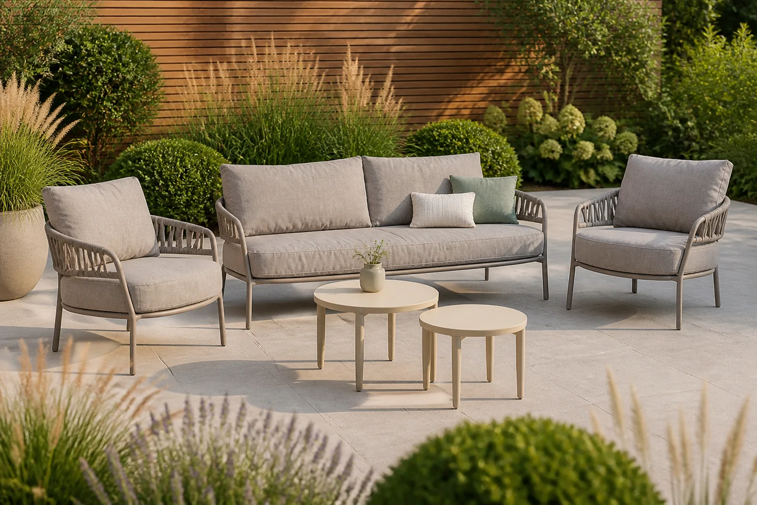 Sfeerfoto van 4 Seasons Outdoor Calma/Ibiza 50/70 cm stoel-bank loungeset 5-delig – Taupe-naturel-bruin