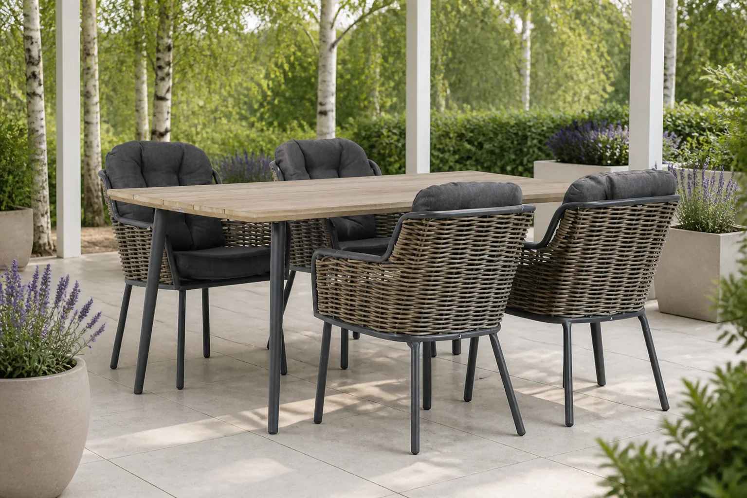 Sfeerfoto van Santika Furniture Fasano/Montana 180 cm dining tuinset 5-delig – Grijs-antraciet