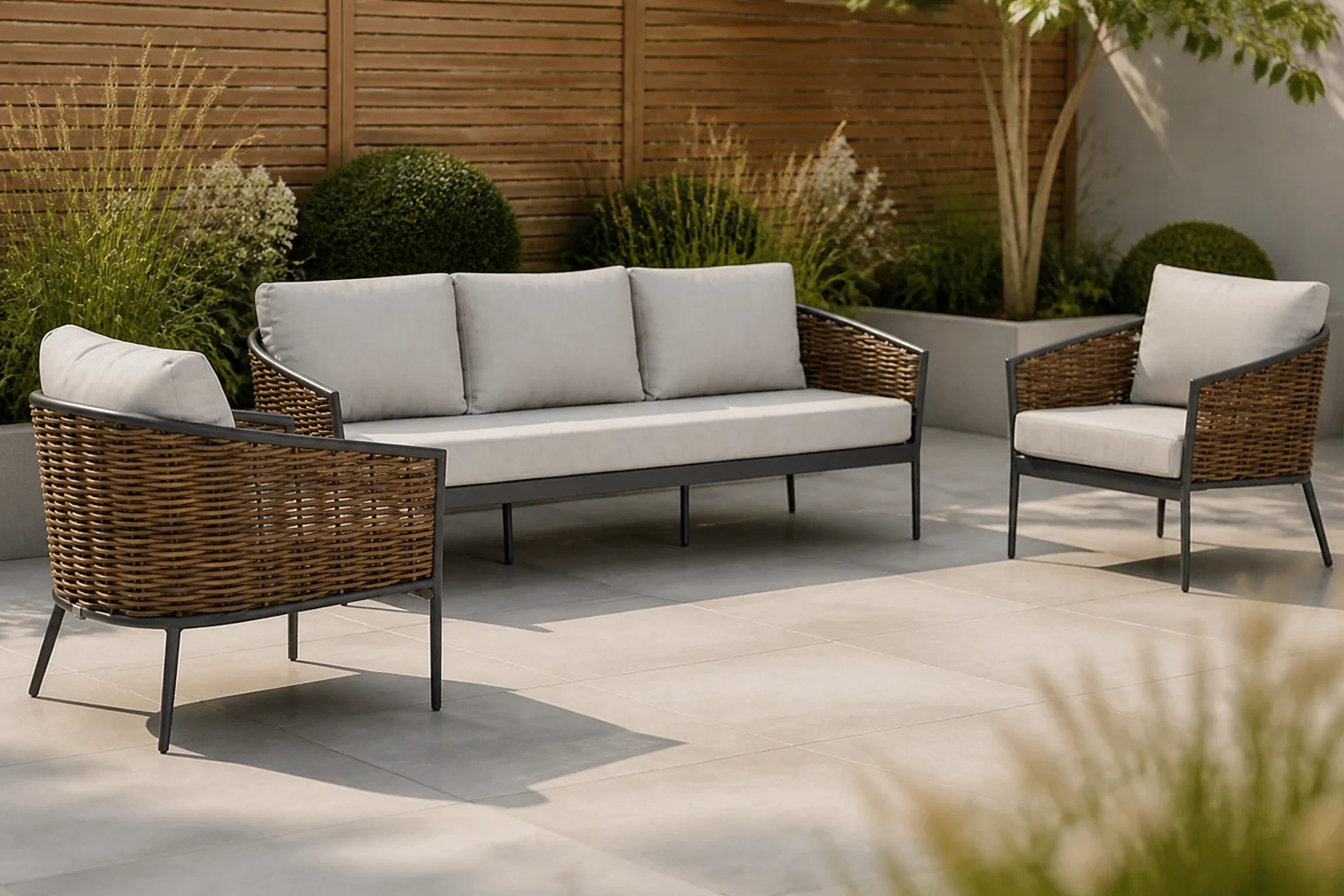 Sfeerfoto van Coco Palm stoel-bank loungeset 3-delig – Taupe-naturel-bruin